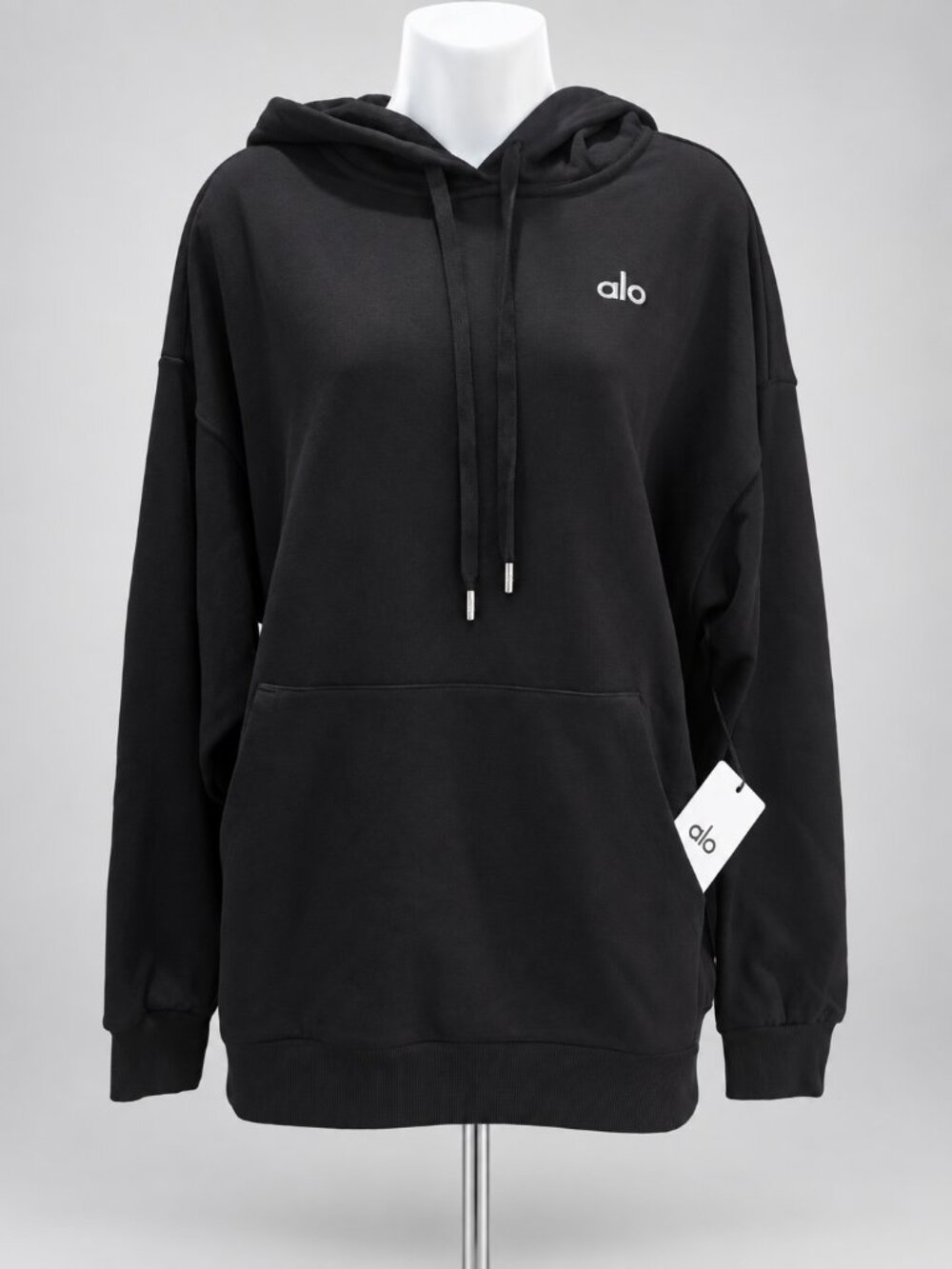 Alo Yoga Accolade Black Hoodie Pullover Sweatshirt Silver Logo